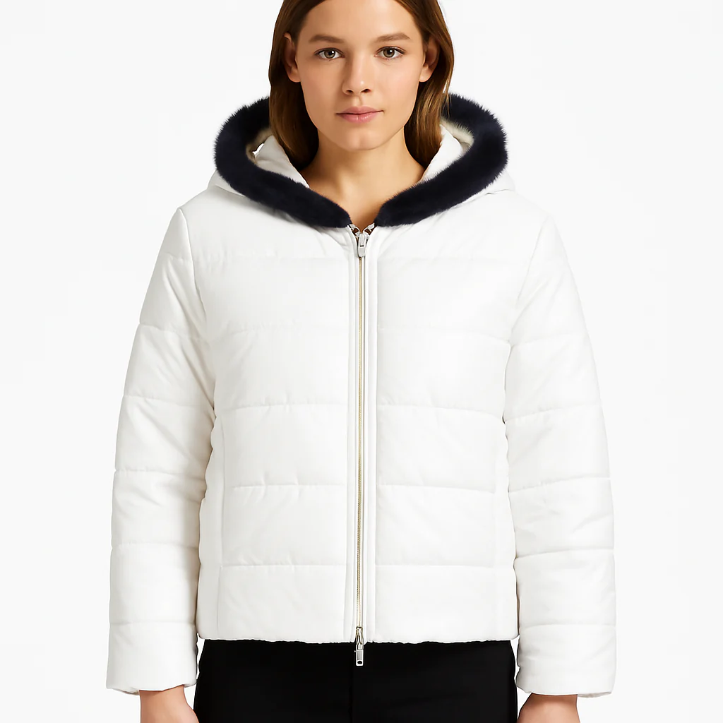 Dyed Mink Patchwork Jacket with Hood – Reversible to White Water Repellant Nylon - Image 7