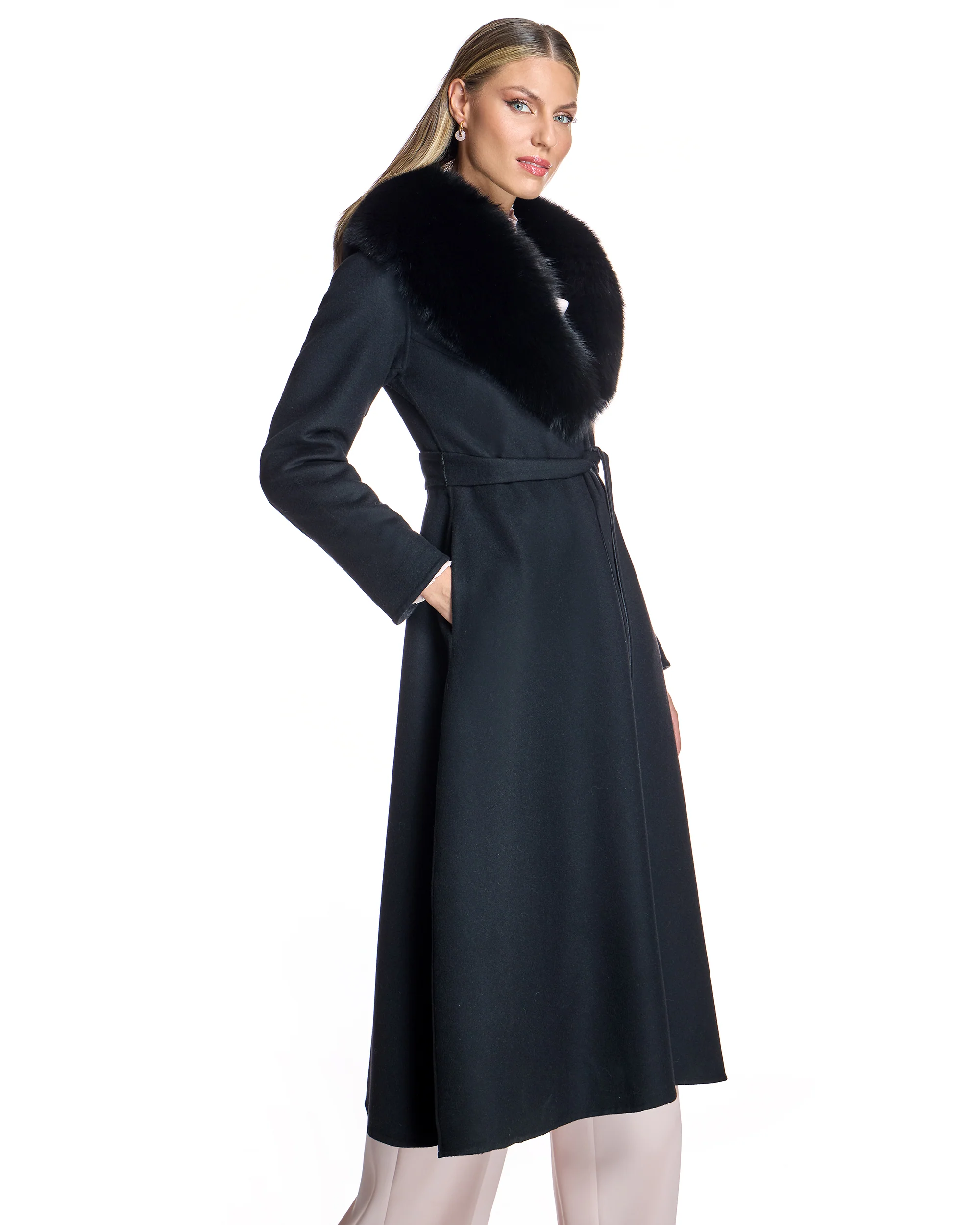 50" Belted Cashmere Blend Coat with Dyed Blue Fox Collar- Maximilian - Image 2
