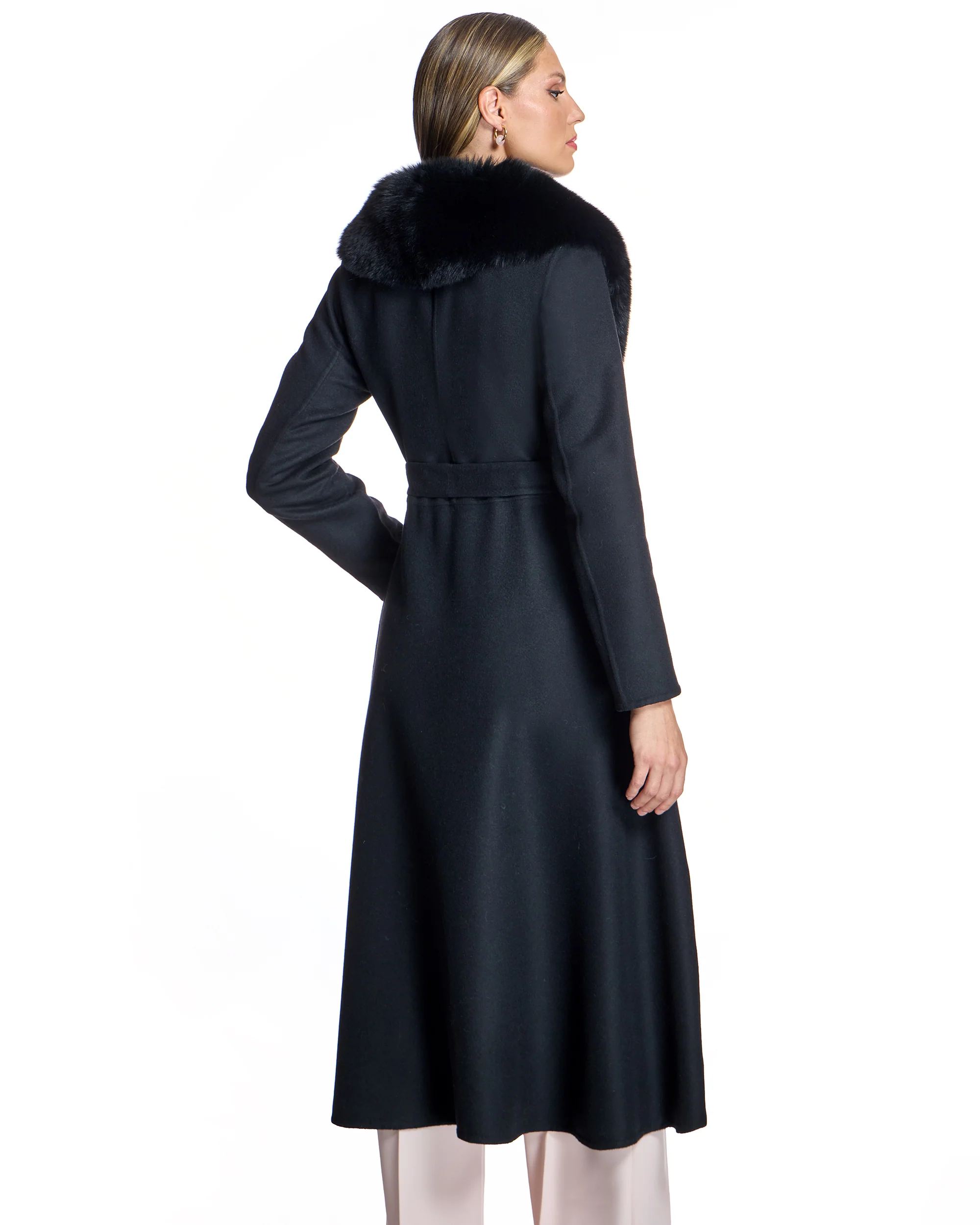 50" Belted Cashmere Blend Coat with Dyed Blue Fox Collar- Maximilian - Image 3