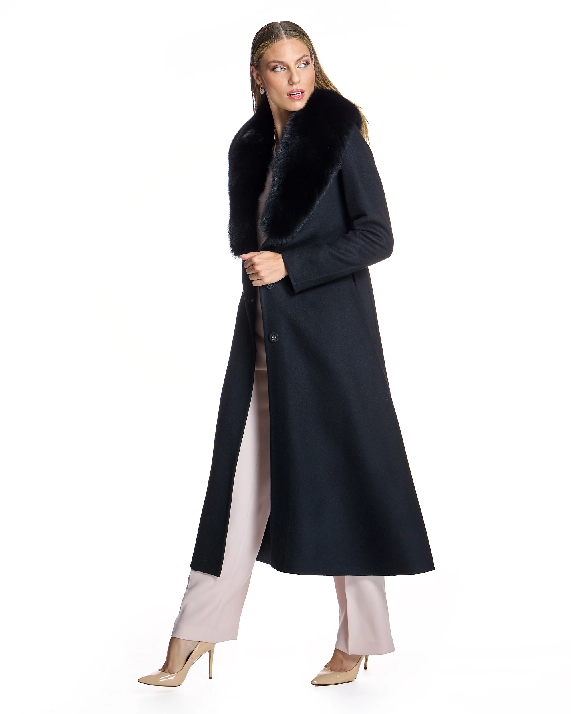 50" Belted Cashmere Blend Coat with Dyed Blue Fox Collar- Maximilian - Image 4