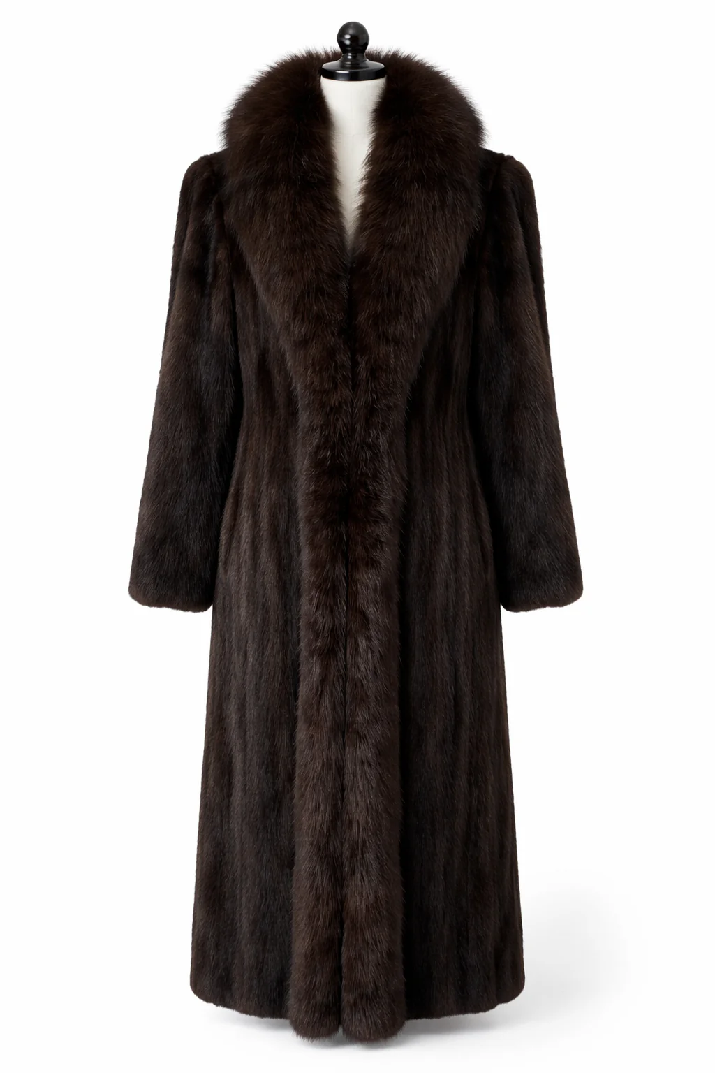 Archive & Vintage Dark Brown Mink Coat with Fox Tuxedo Trim-46"