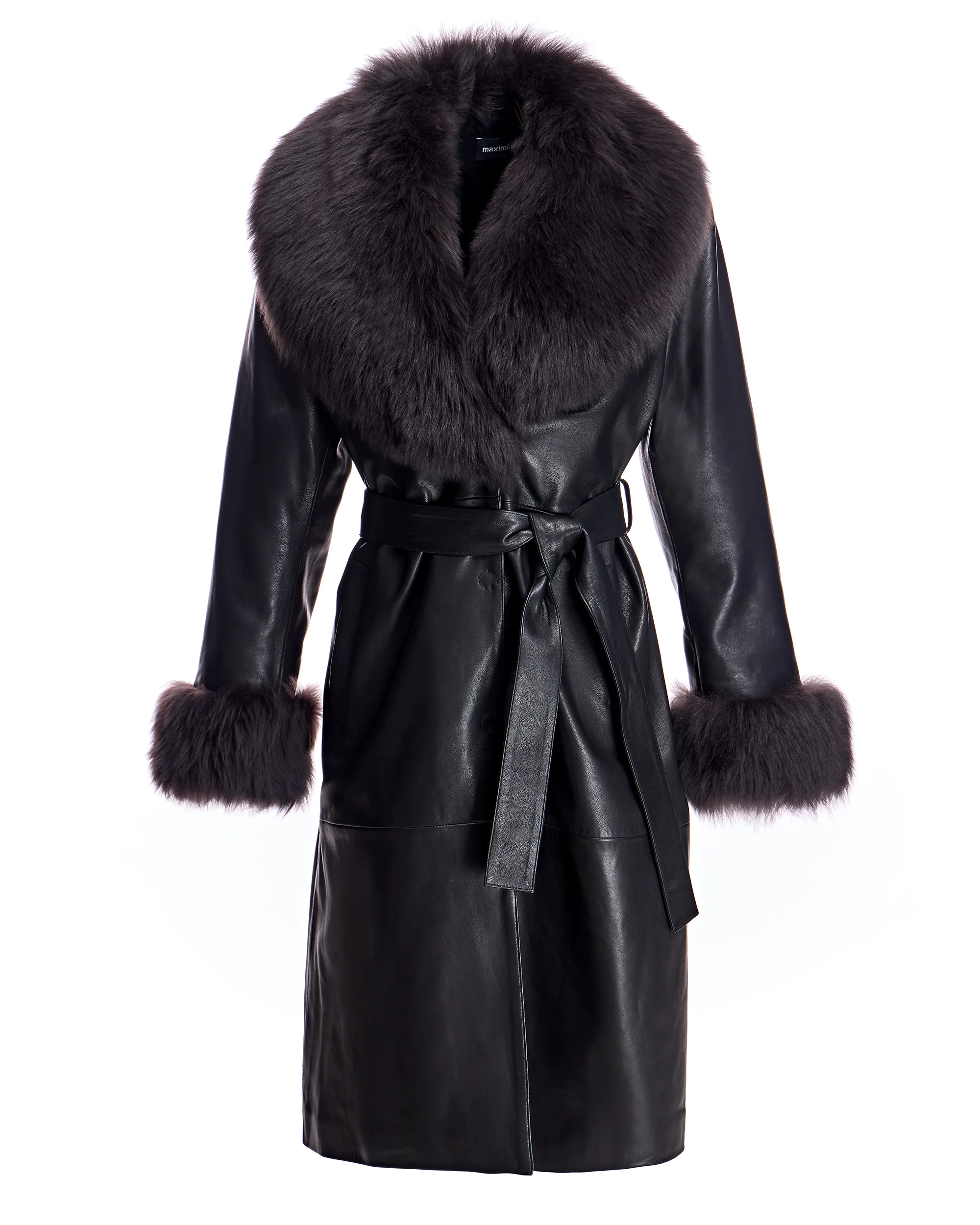 Belted Leather Coat with Shearling Collar-Maximilian - Image 5