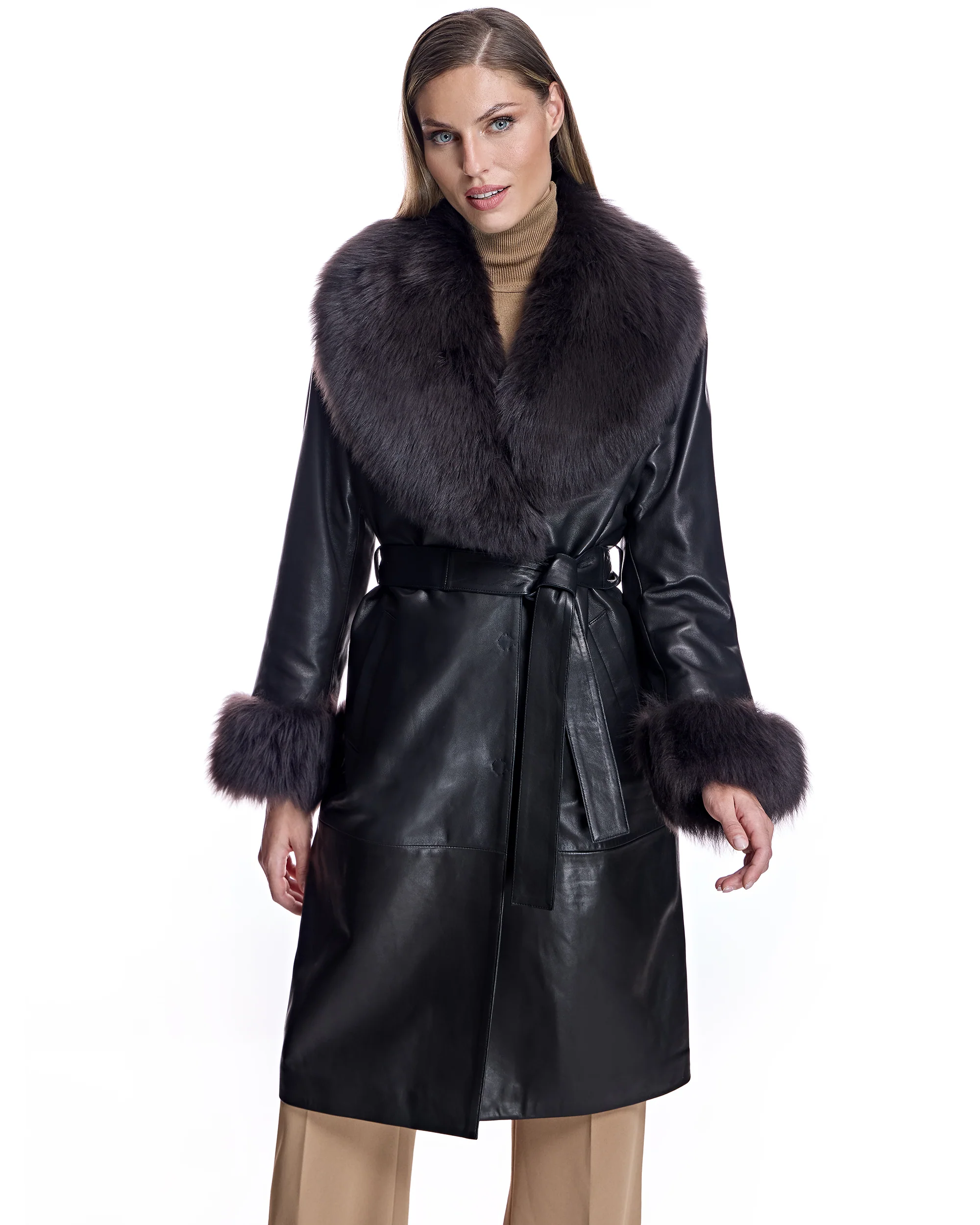 Belted Leather Coat with Shearling Collar-Maximilian - Image 6
