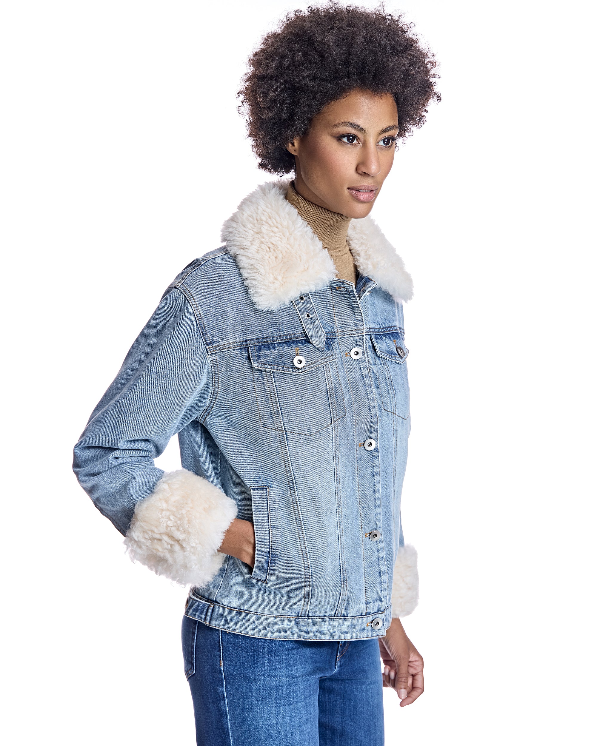 Julia & Stella by Maximilian Fur-Trimmed Denim Jacket-Maximilian - Image 5