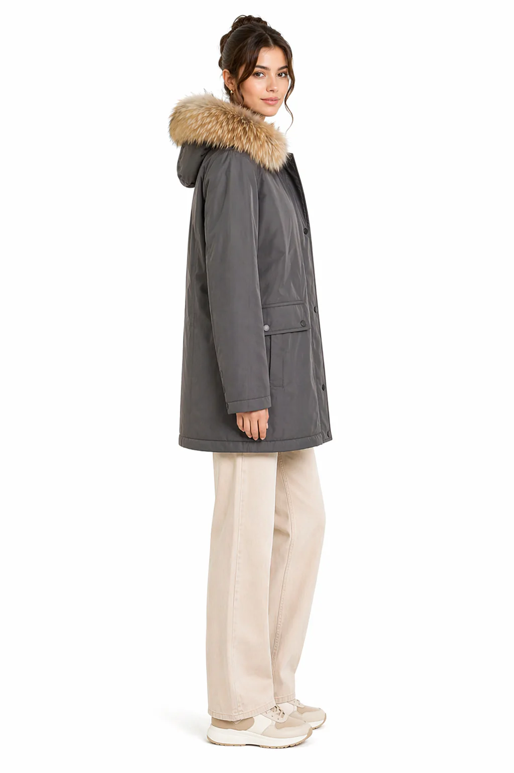 Grey Fur-Trim Parka with Rabbit Lining - Image 3