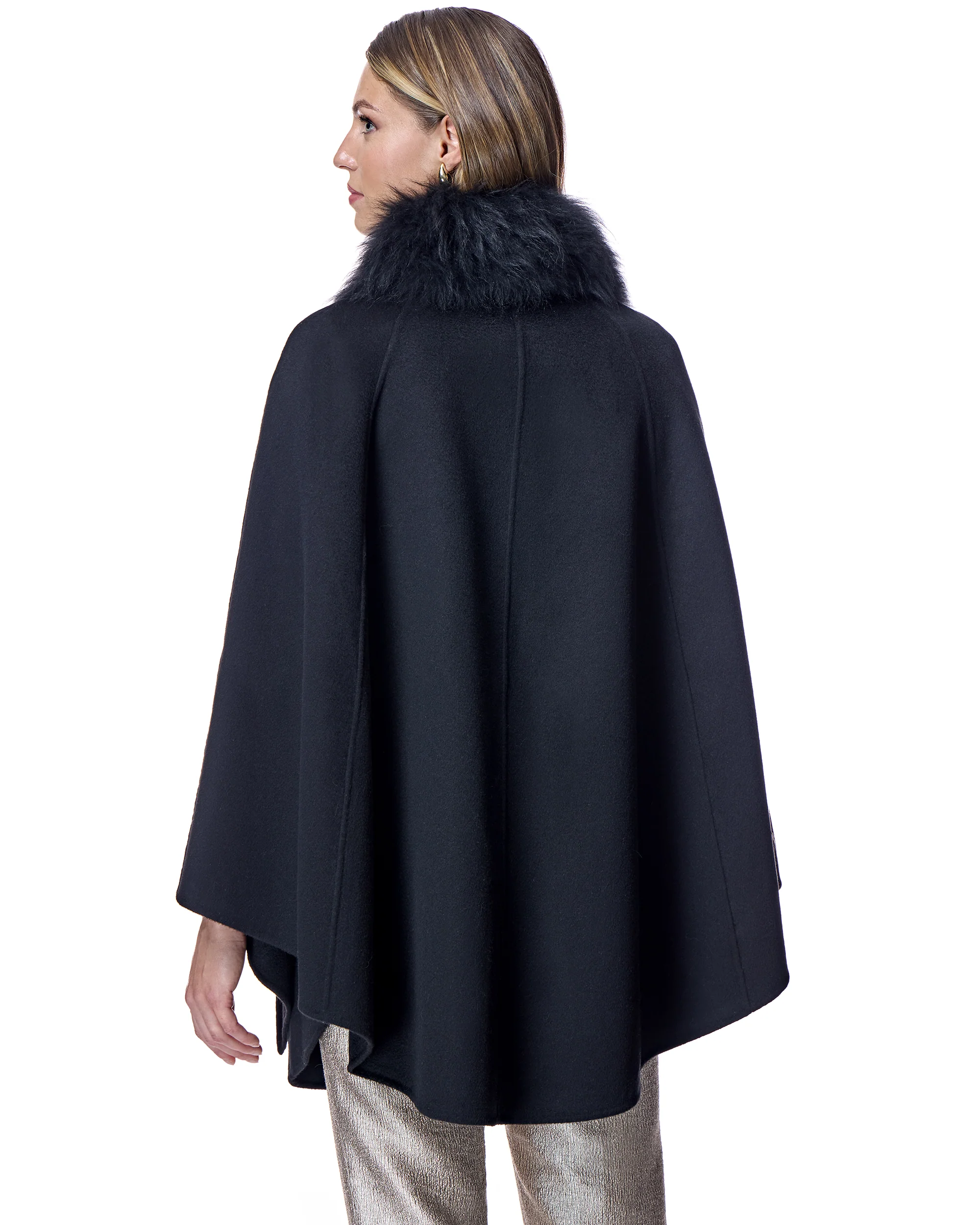 Julia & Stella by Maximilian Buckle Detailed Cashmere Cape with Dyed Cashmere Goat Trim-Maximilian - Image 2