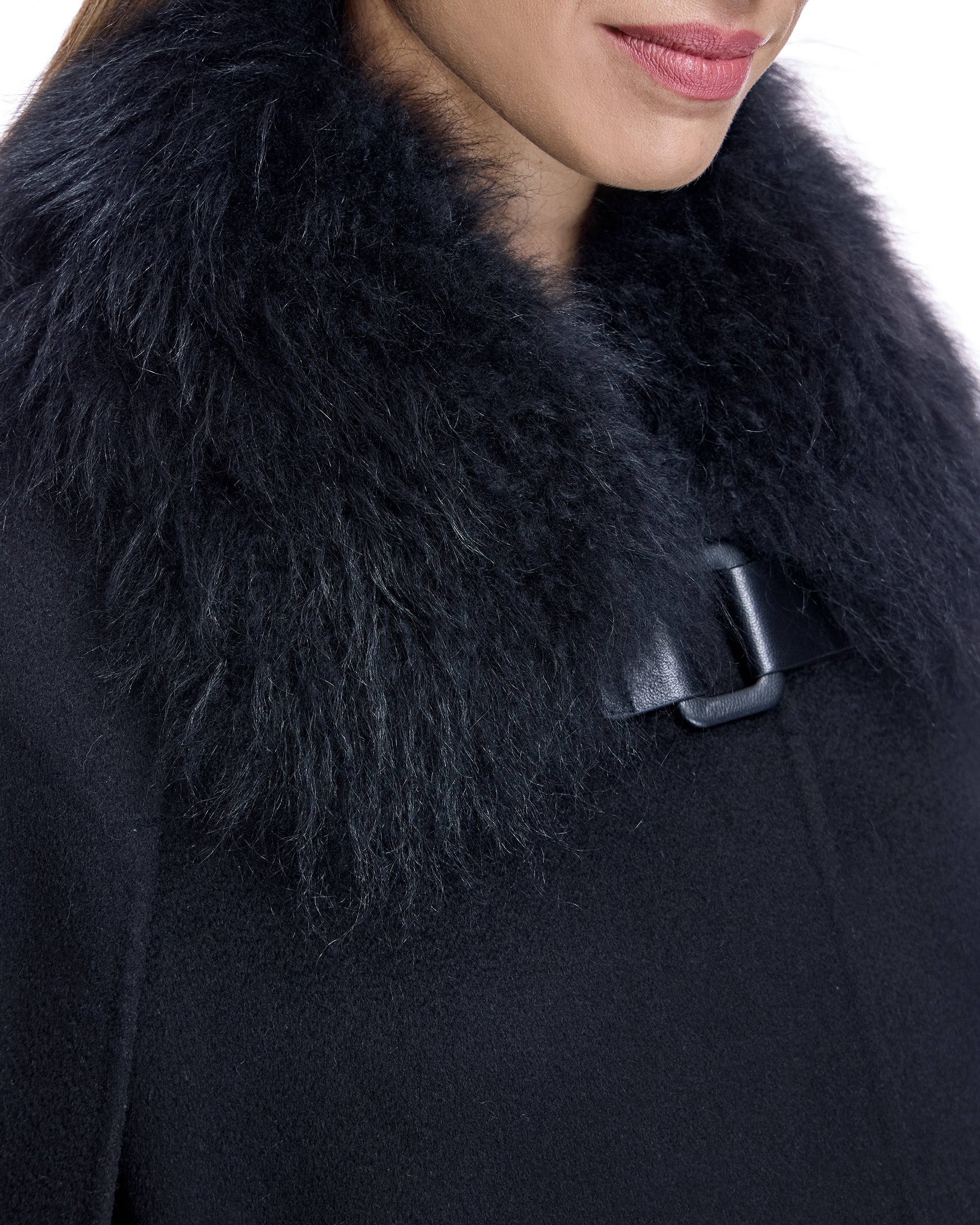 Julia & Stella by Maximilian Buckle Detailed Cashmere Cape with Dyed Cashmere Goat Trim-Maximilian - Image 3