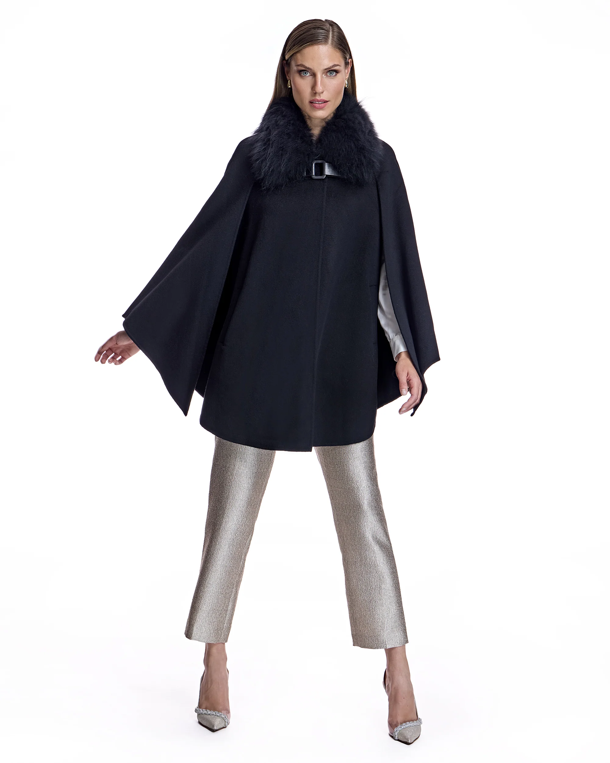 Julia & Stella by Maximilian Buckle Detailed Cashmere Cape with Dyed Cashmere Goat Trim-Maximilian - Image 5