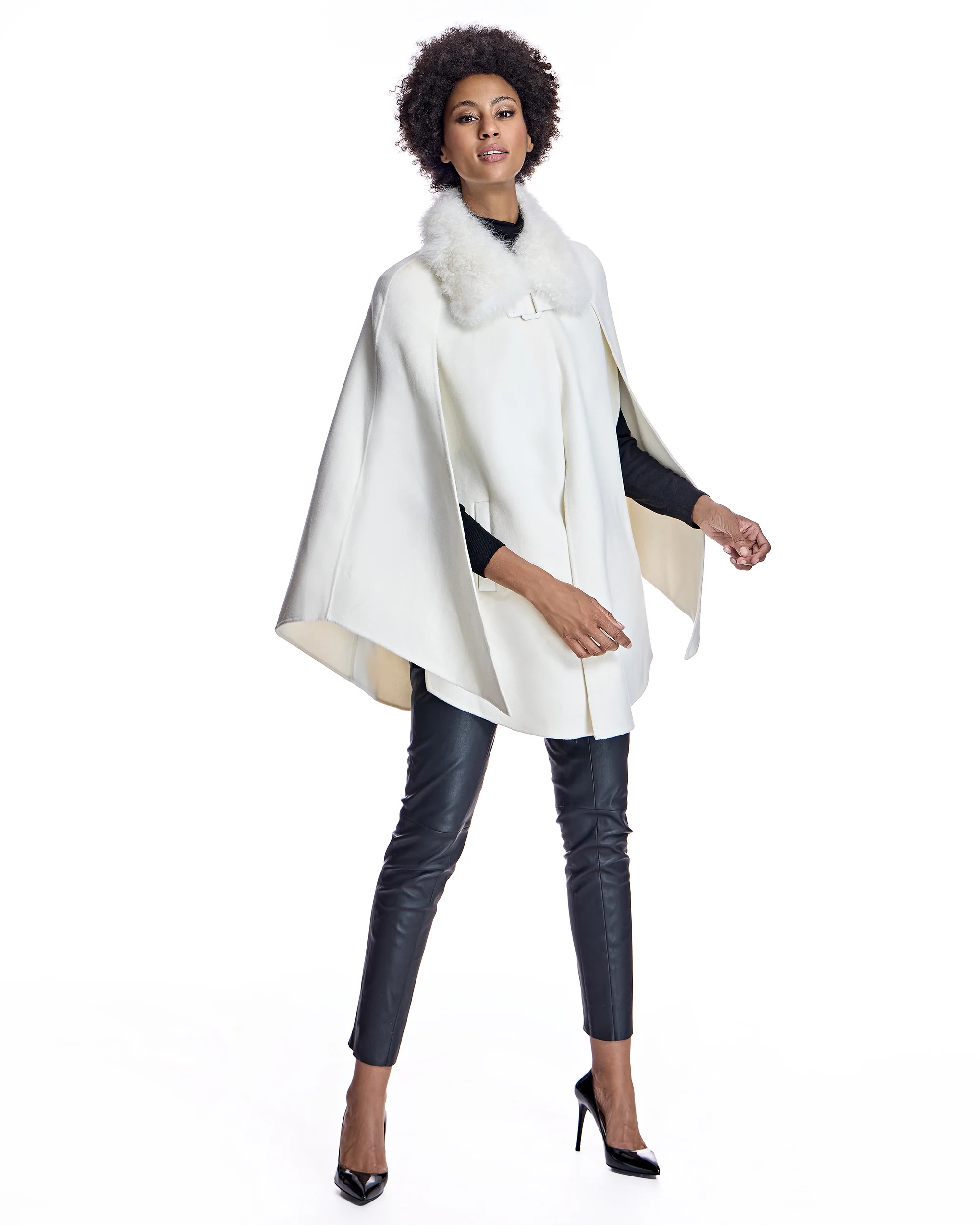 Julia & Stella by Maximilian Buckle Detailed Cashmere Cape with Dyed Cashmere Goat Trim-Maximilian - Image 8