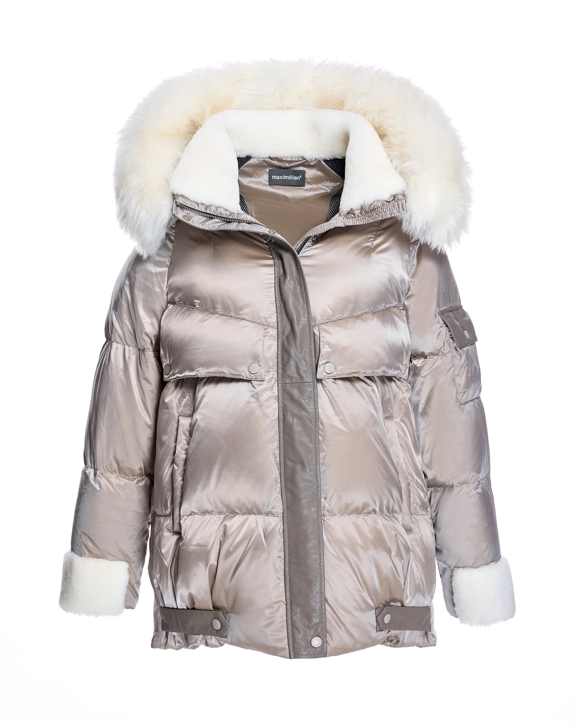 Julia & Stella by Maximilian Hooded Puffer with Lamb Trim-Maximilian - Image 5