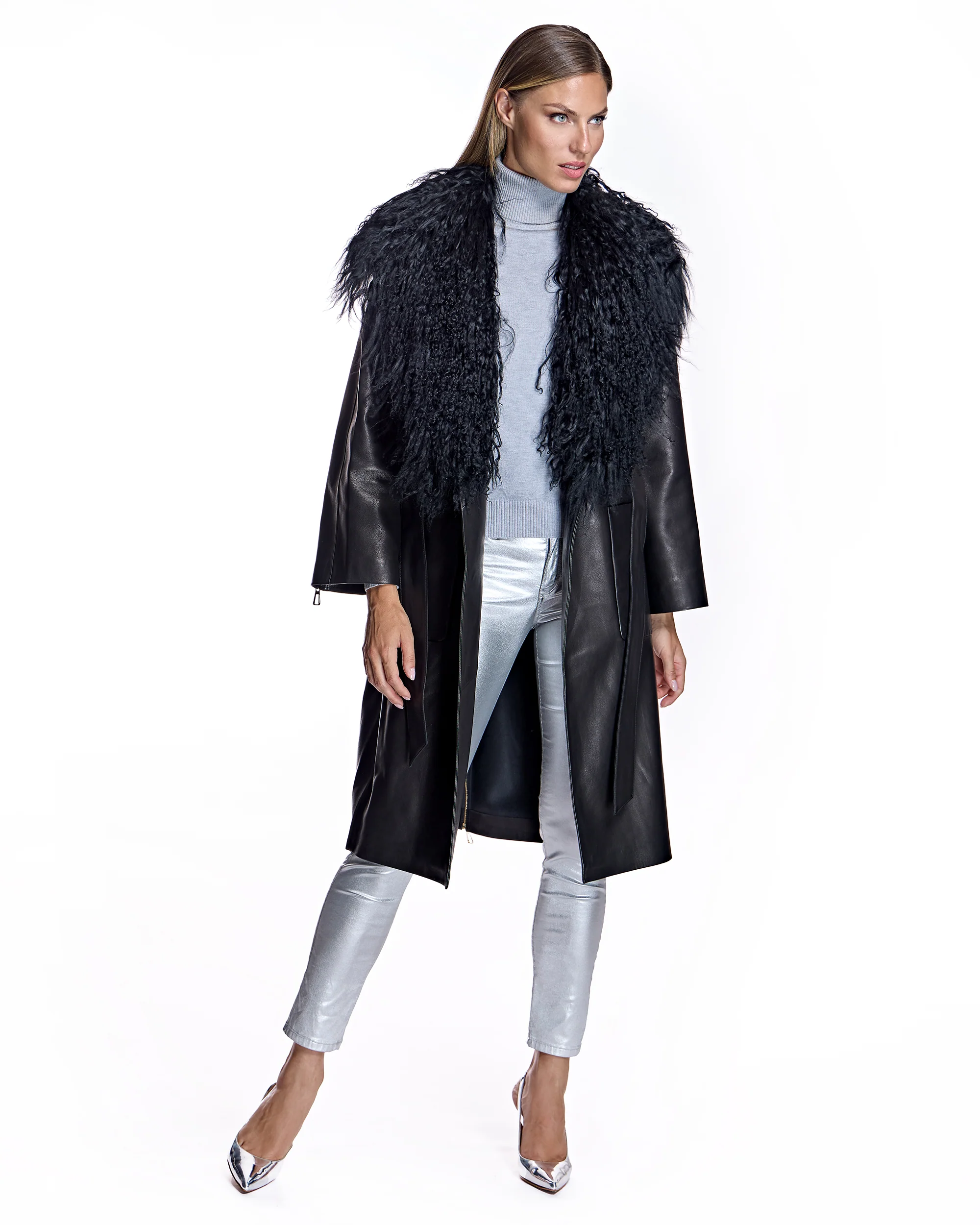 Julia & Stella by Maximilian Leather Wrap Coat with Dyed Mongolian Lamb Collar-Maximilian - Image 4