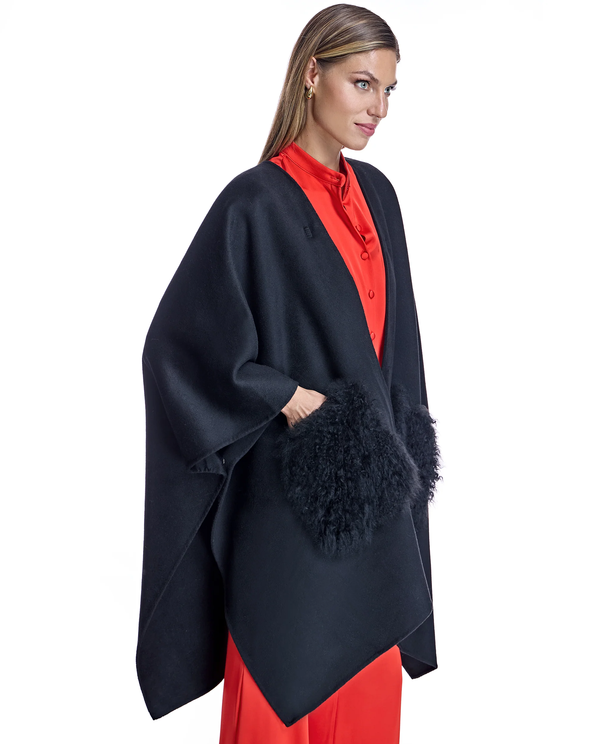 Julia & Stella by Maximilian Wool Blend Ruana with Plush Cashmere Goat Trim Cape- Maximilian - Image 3