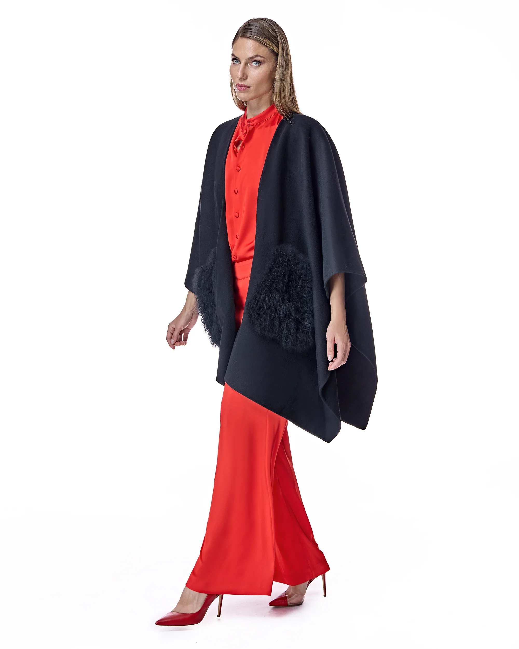 Julia & Stella by Maximilian Wool Blend Ruana with Plush Cashmere Goat Trim Cape- Maximilian - Image 4