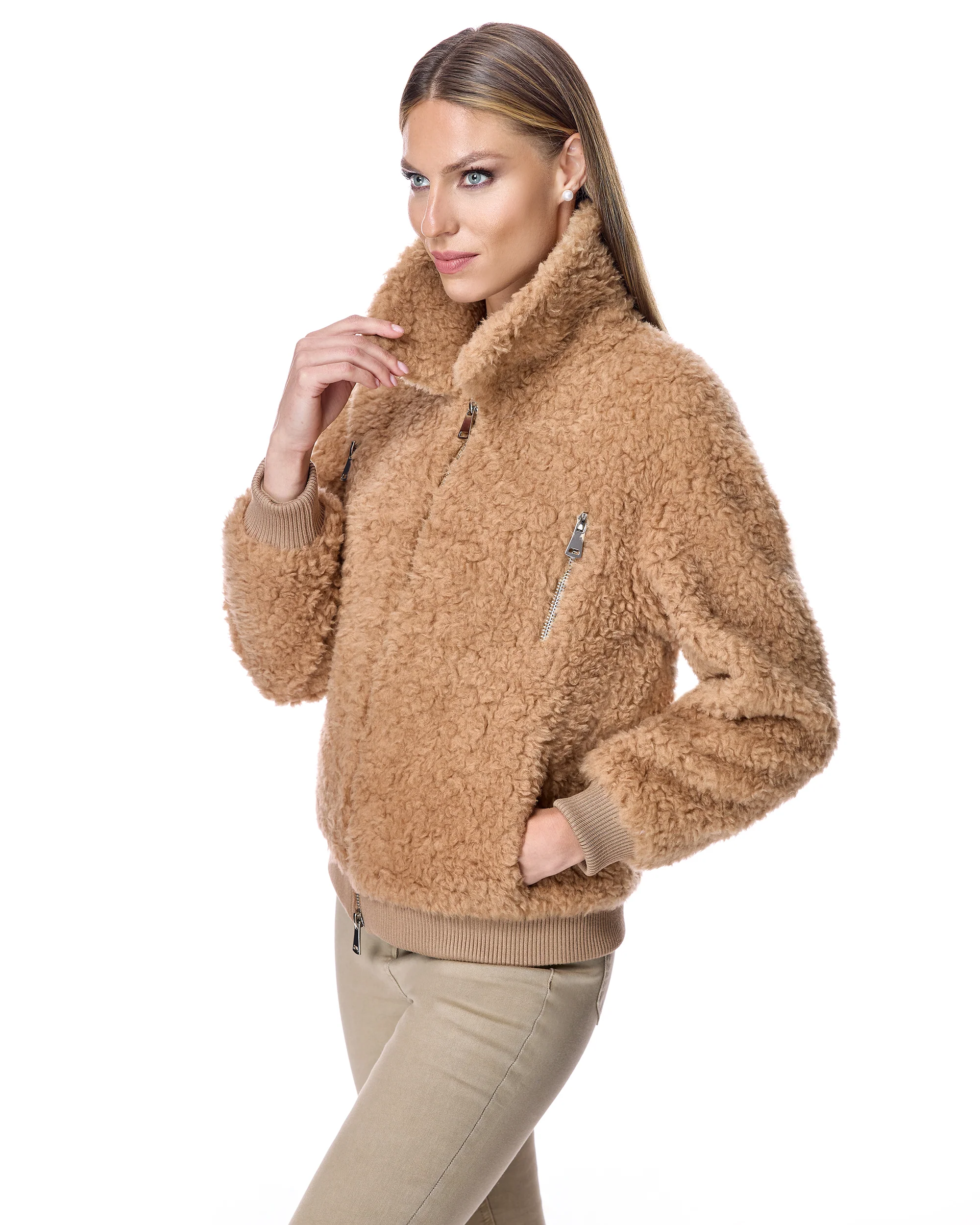 Julia & Stella Camel Lamb's Wool Bomber Jacket-Maximilian - Image 5