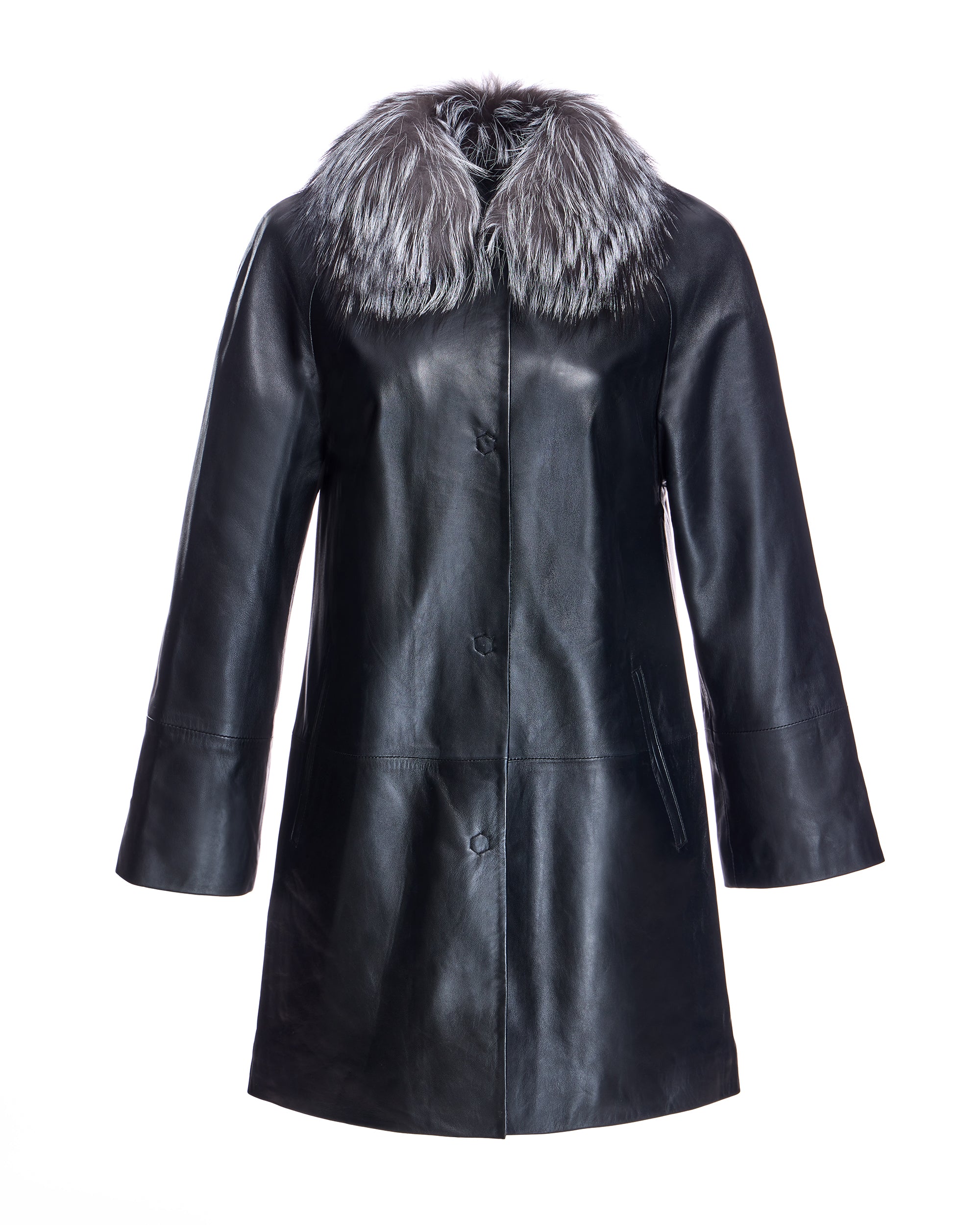 Leather Coat with Silver Fox Collar - Image 2
