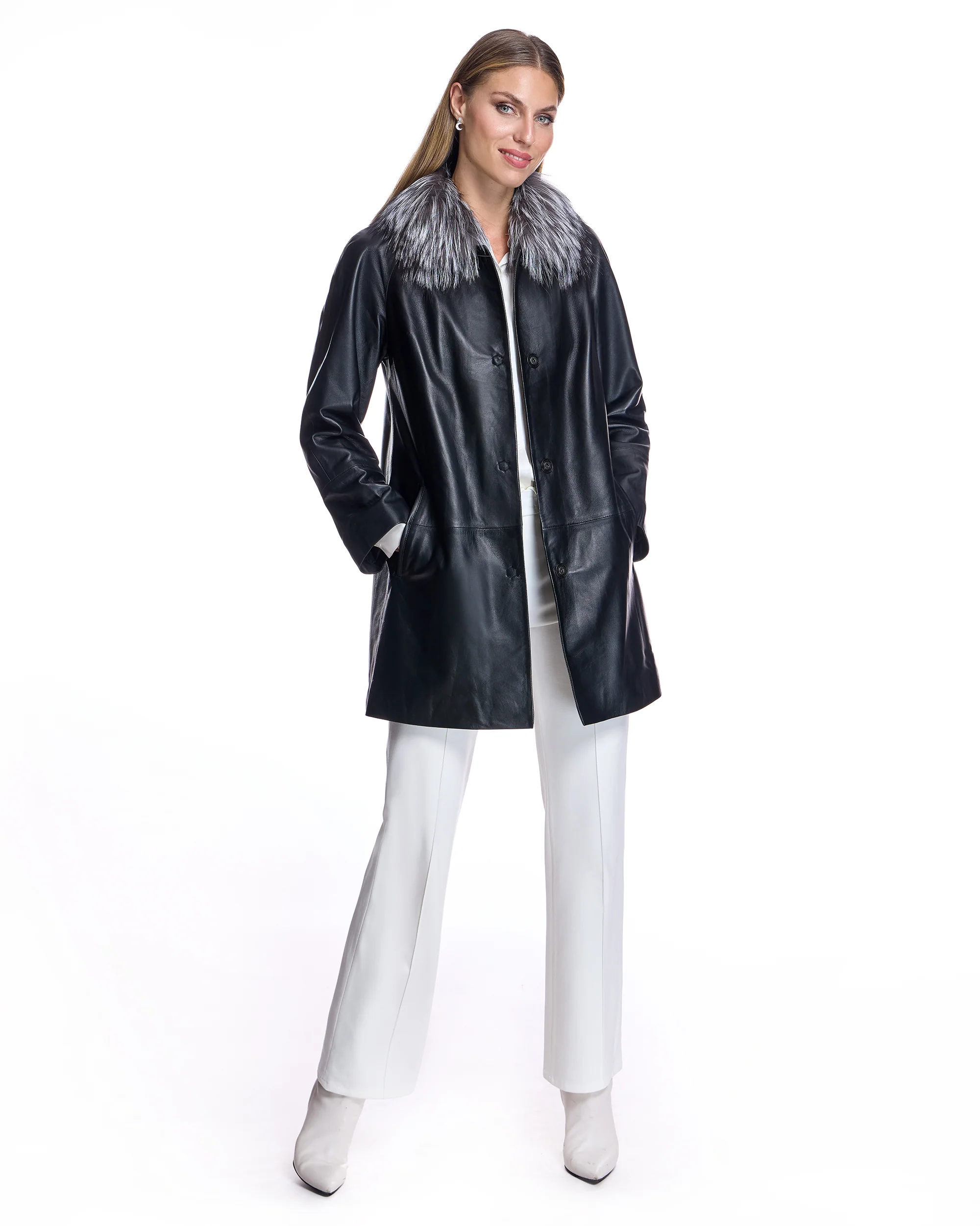 Leather Coat with Silver Fox Collar - Image 3