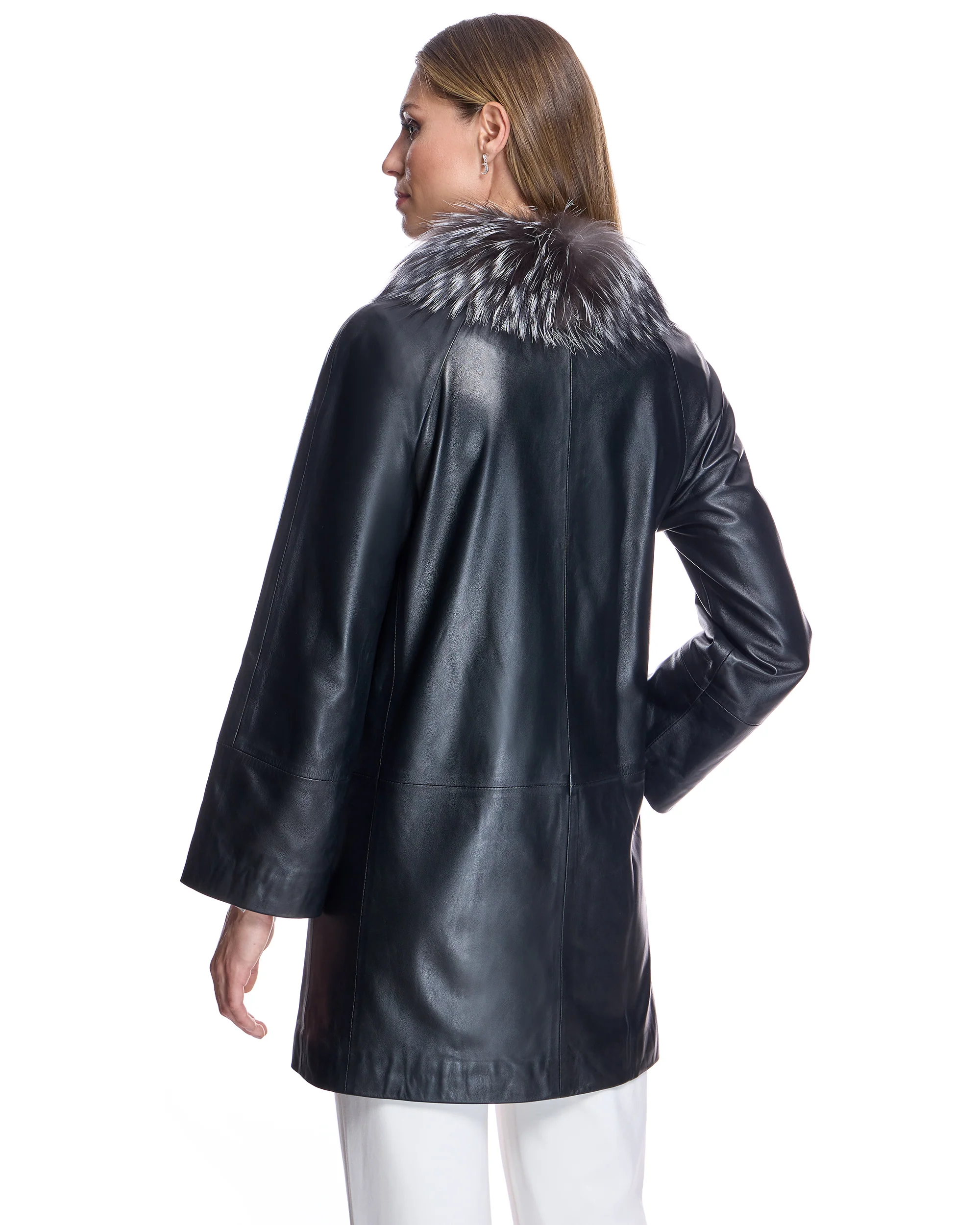 Leather Coat with Silver Fox Collar - Image 4