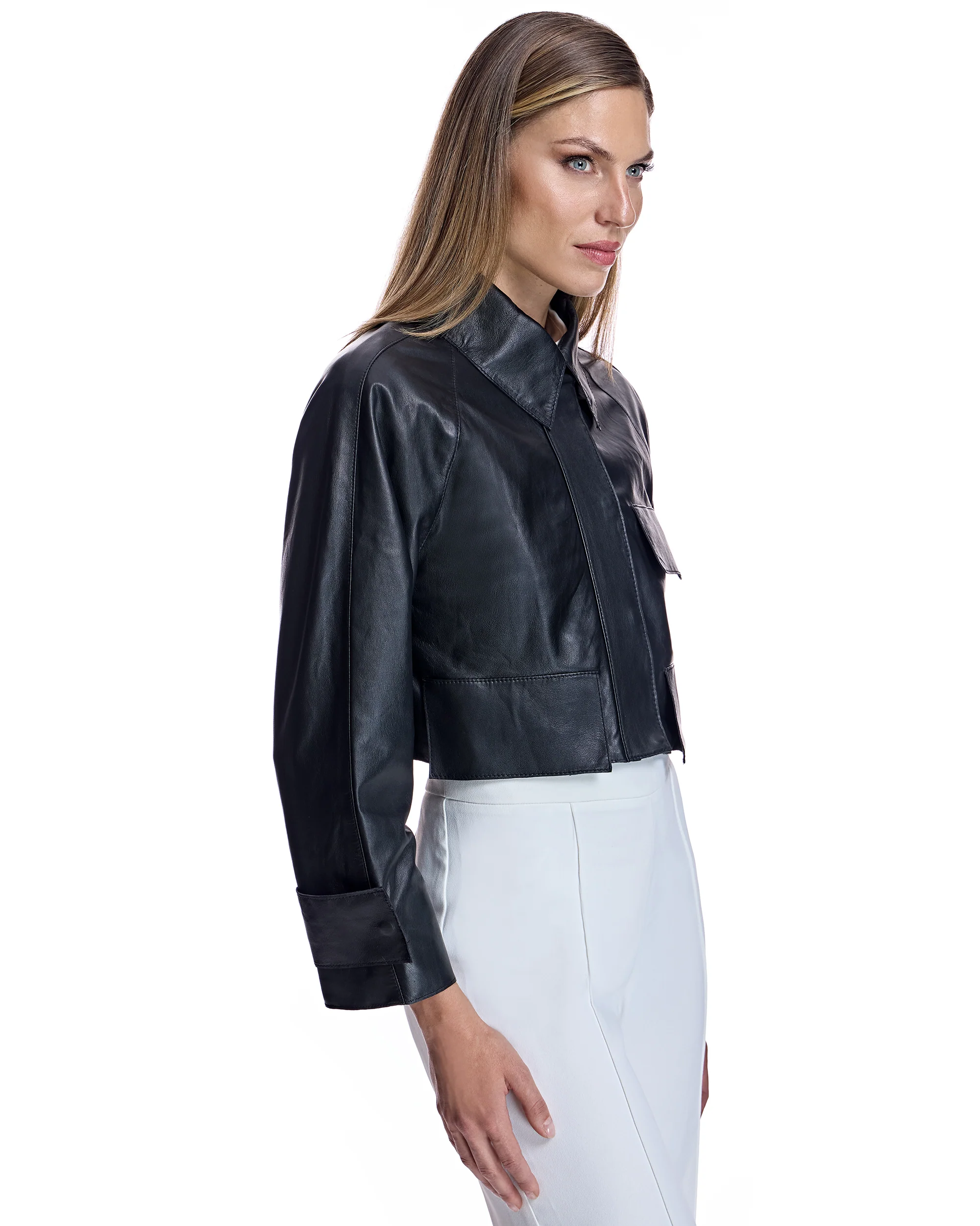 Cropped Leather Utility Jacket- Maximilian - Image 2