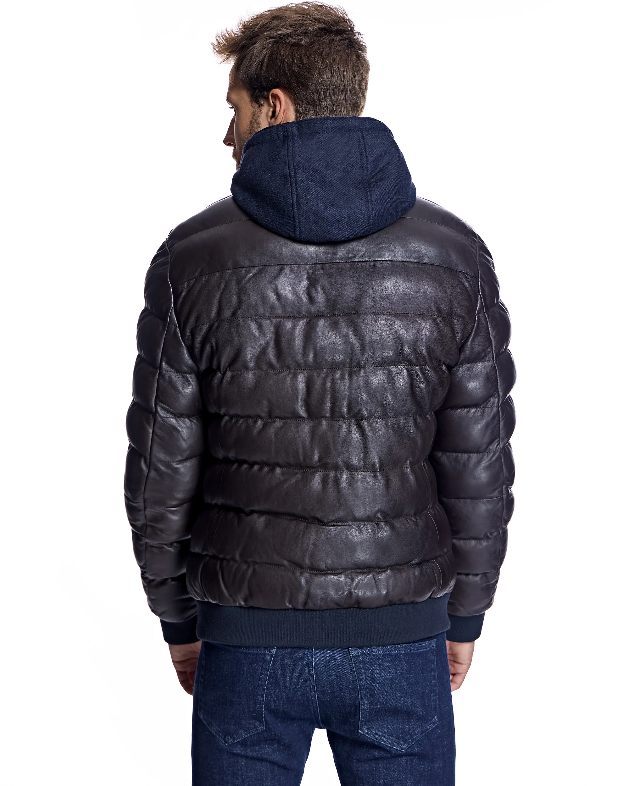Men's Leather Puffer Jacket with Hood - Image 3