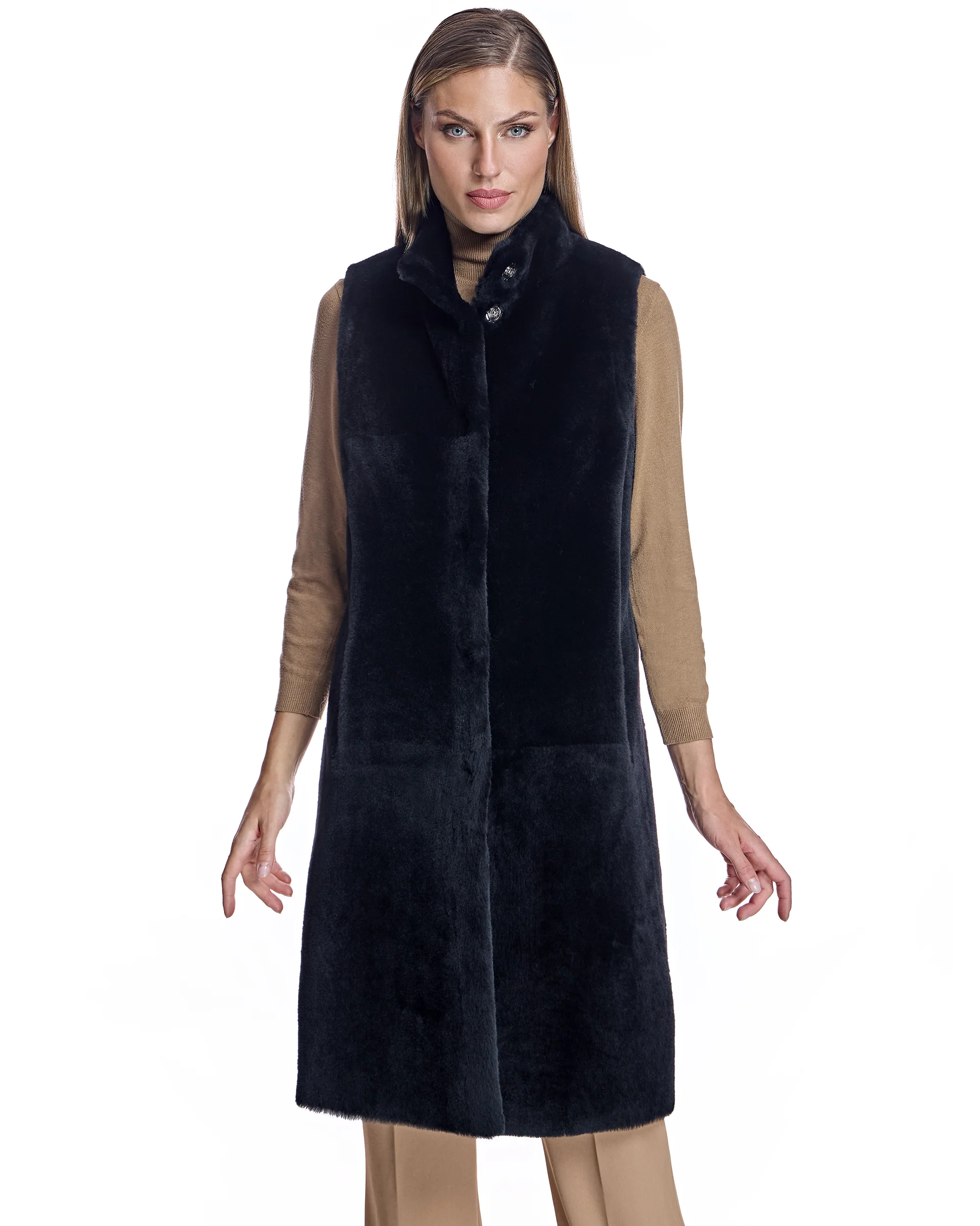 41" long Shearling lamb Reversible Vest-Maximilian - Image 14