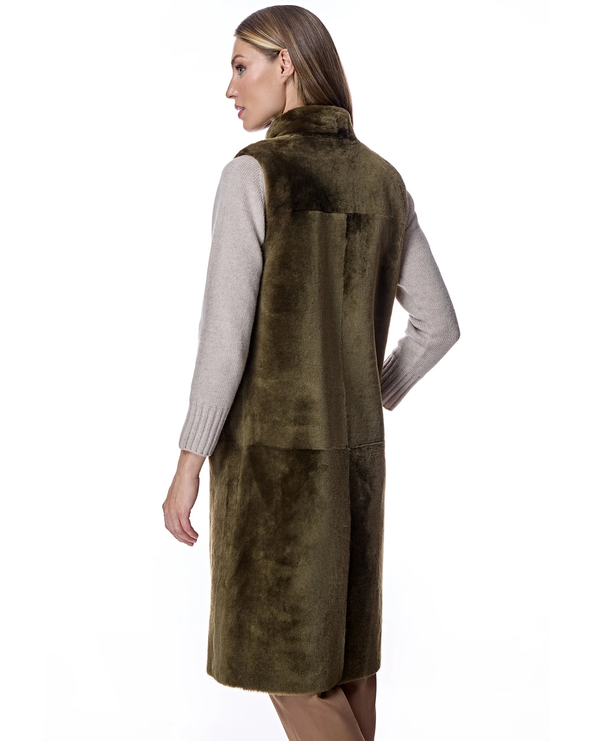 41" long Shearling lamb Reversible Vest-Maximilian - Image 9