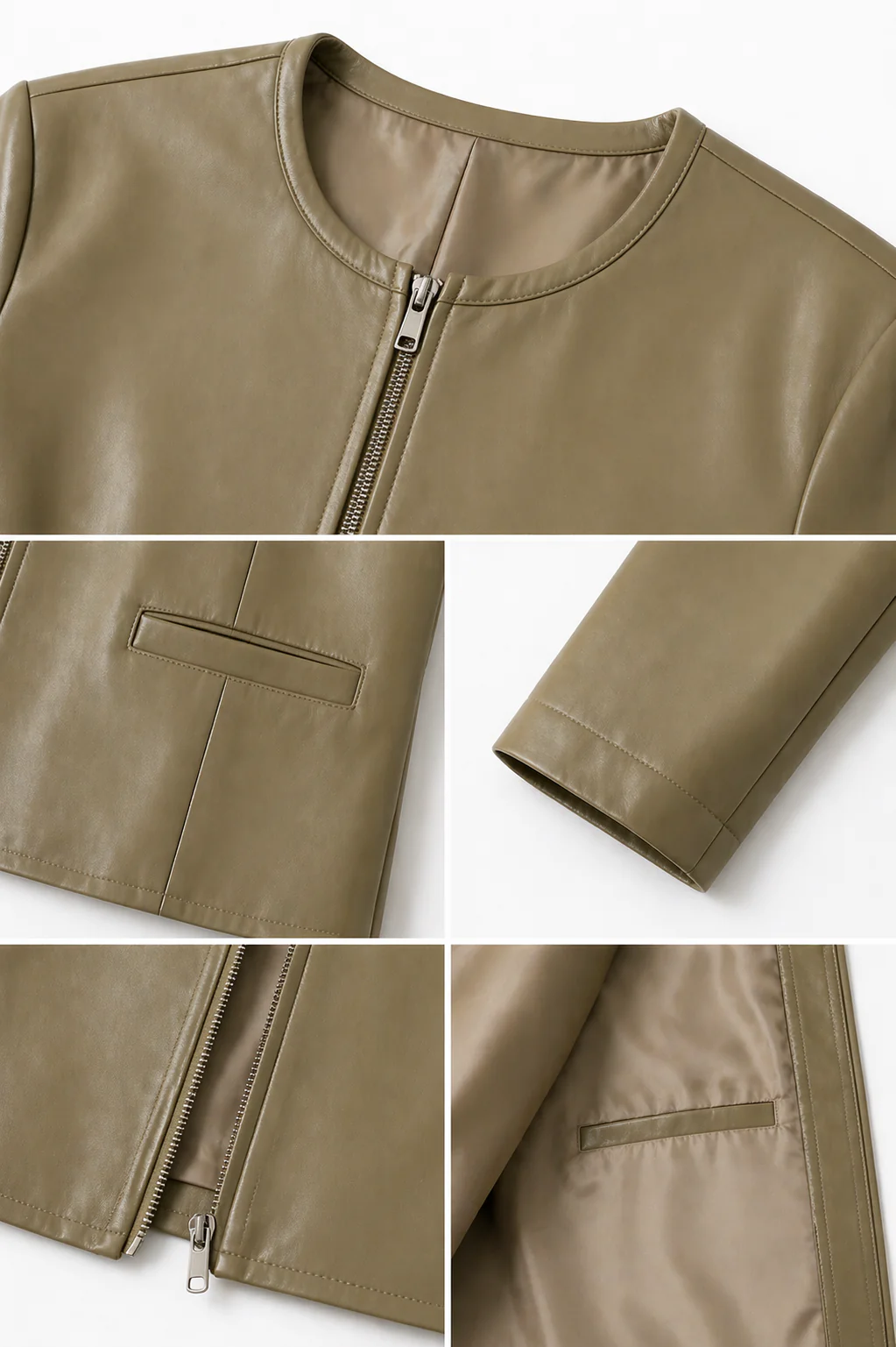 Sage Green Collarless Leather Jacket- 22" - Image 4