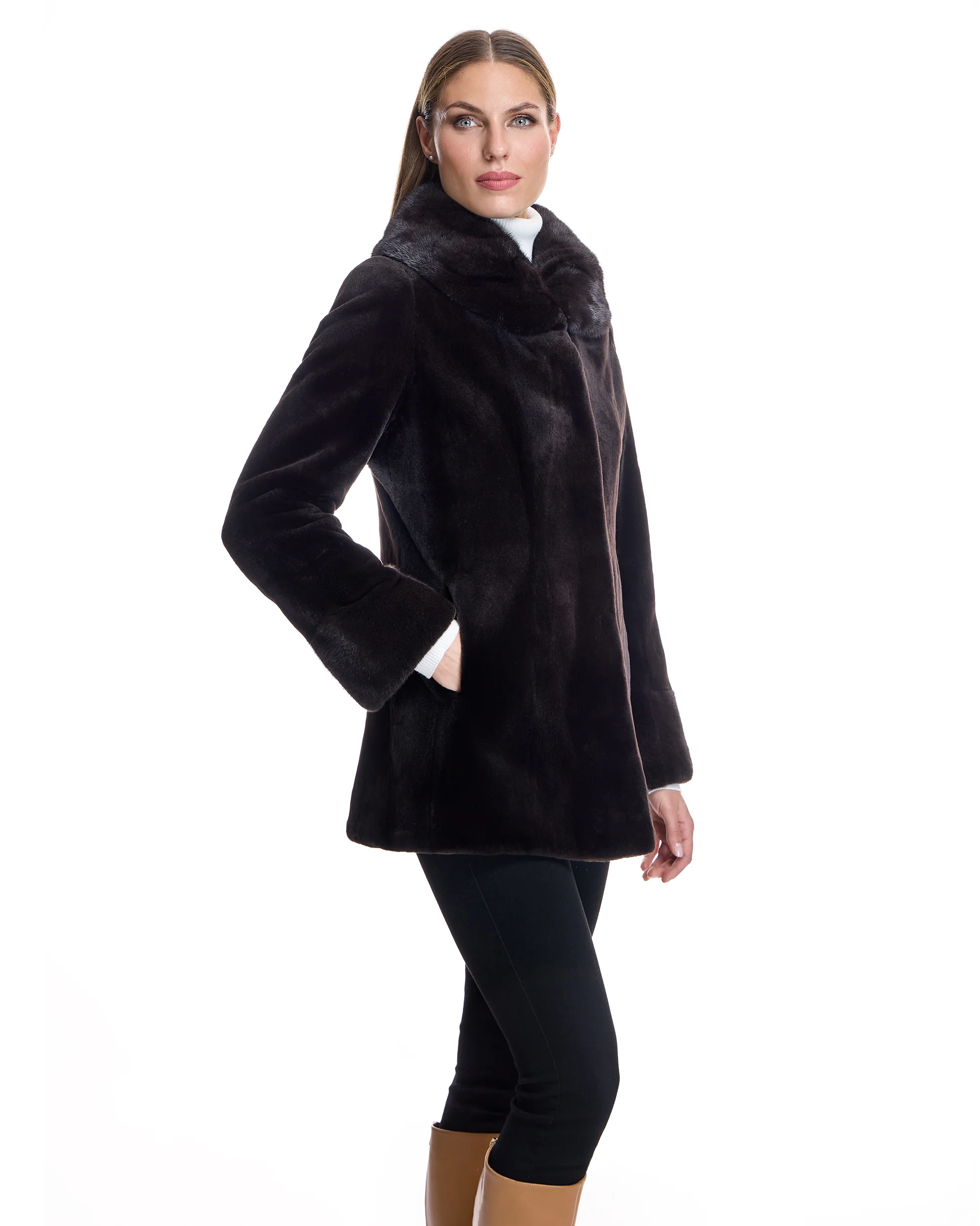 Sheared Mink Jacket with Round Long Hair mink Collar - Image 4