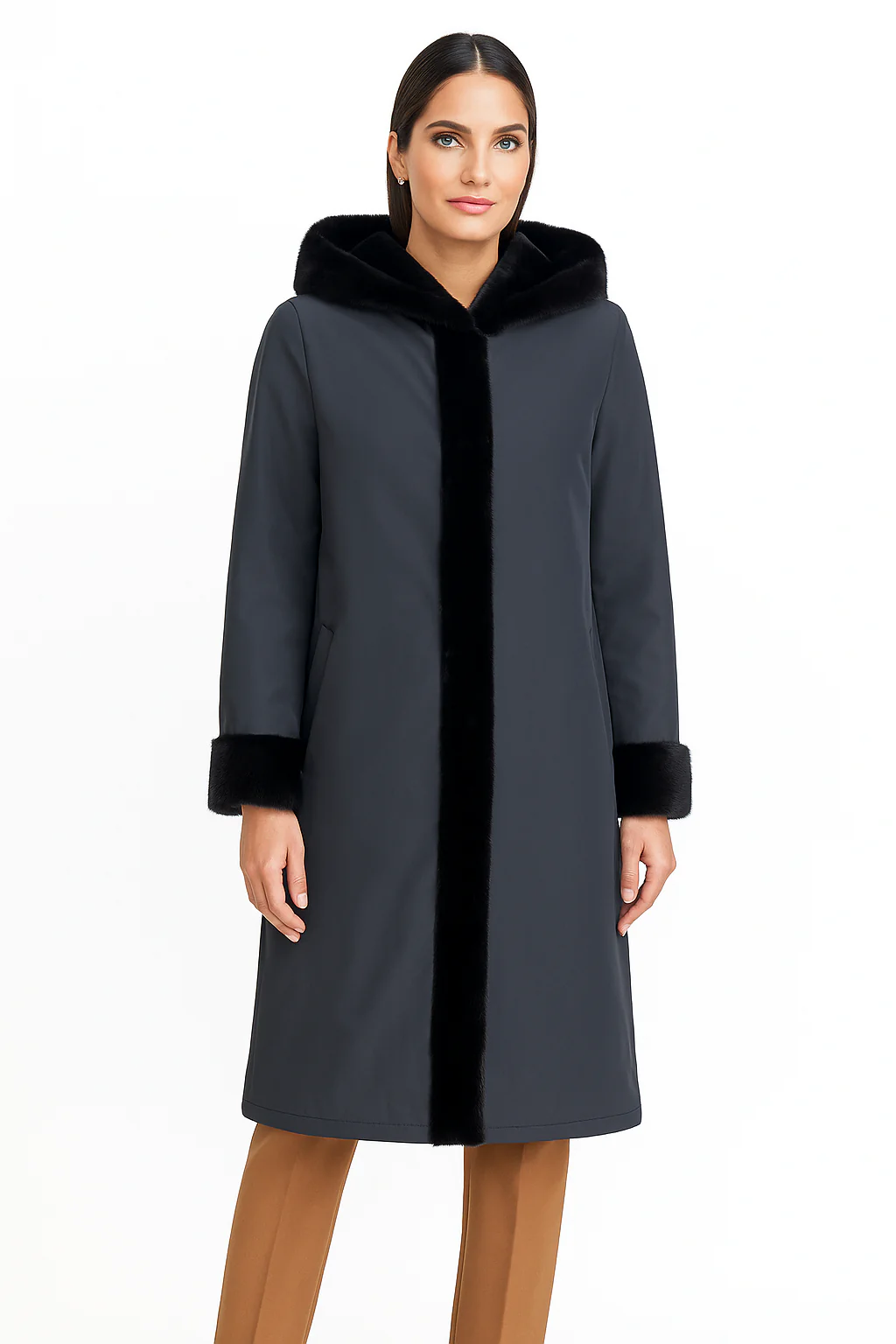 39" Dyed Sheared Mink Reversible Coat with Hood - Image 4