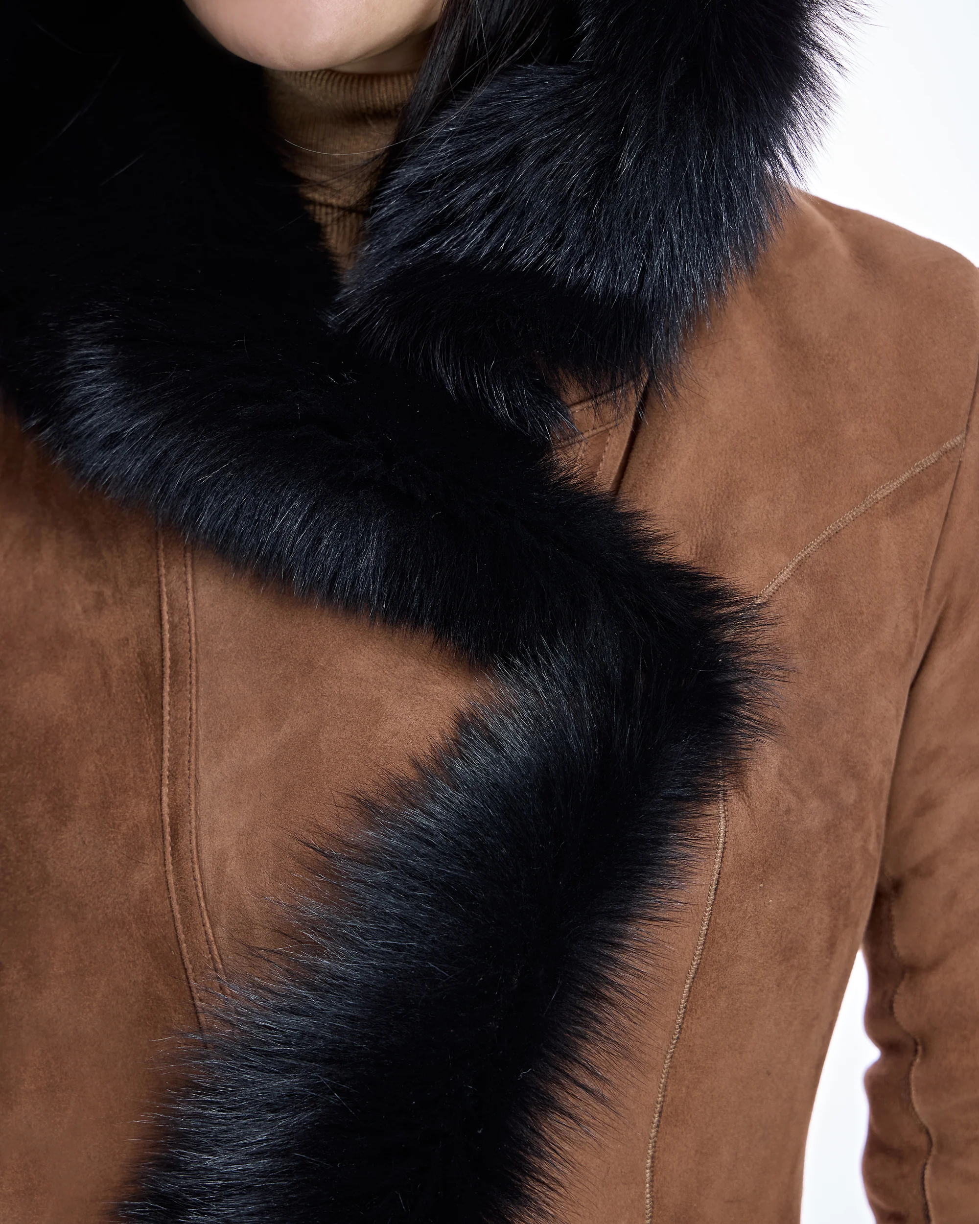 Hooded Shearling Short Coat with Ruffle Trim-Maximilian - Image 11