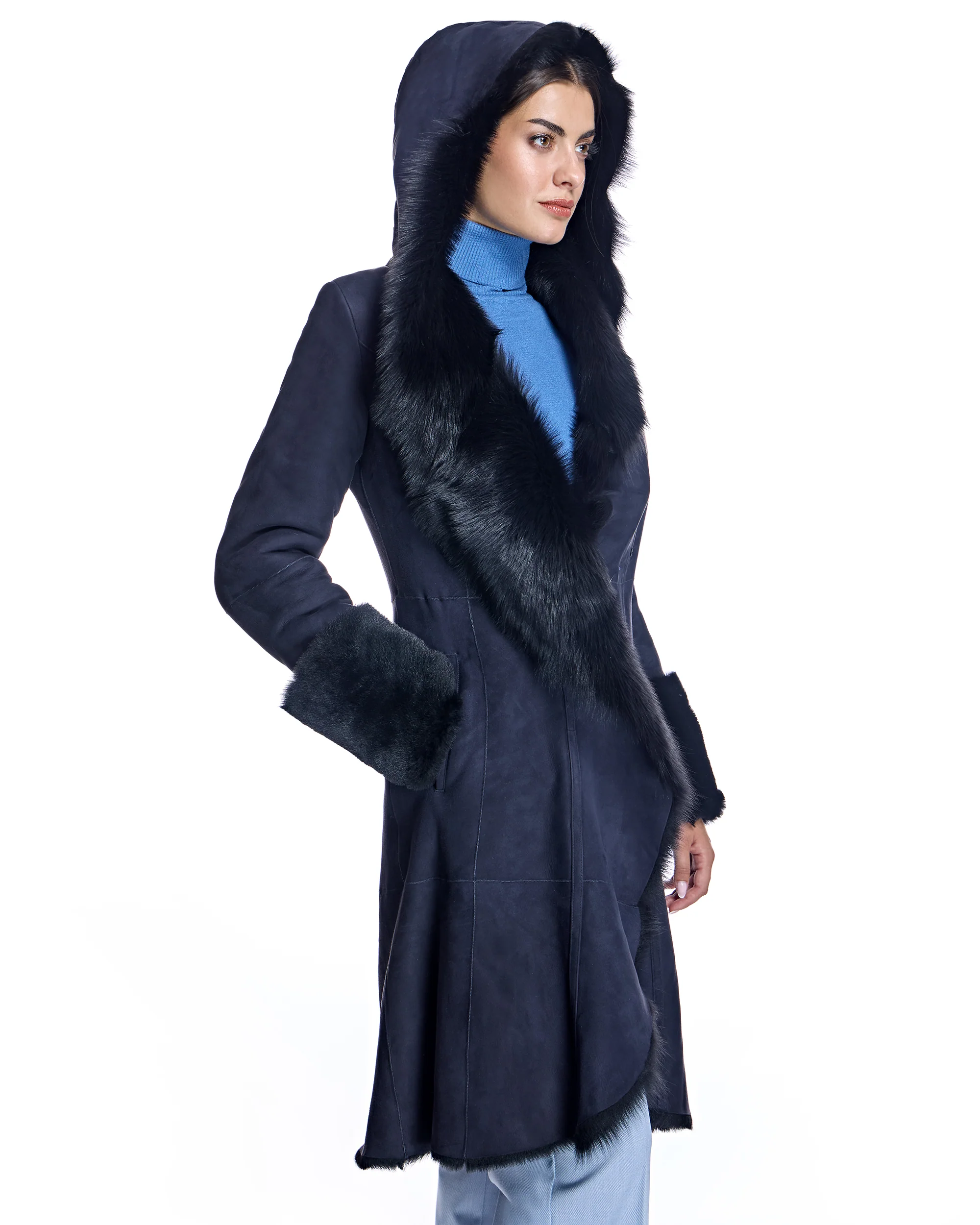 Hooded Shearling Short Coat with Ruffle Trim-Maximilian - Image 14