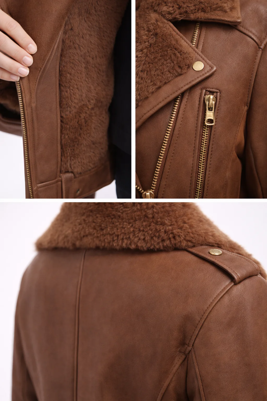 Chestnut Dyed Shearling Lamb Moto Jacket - Image 3