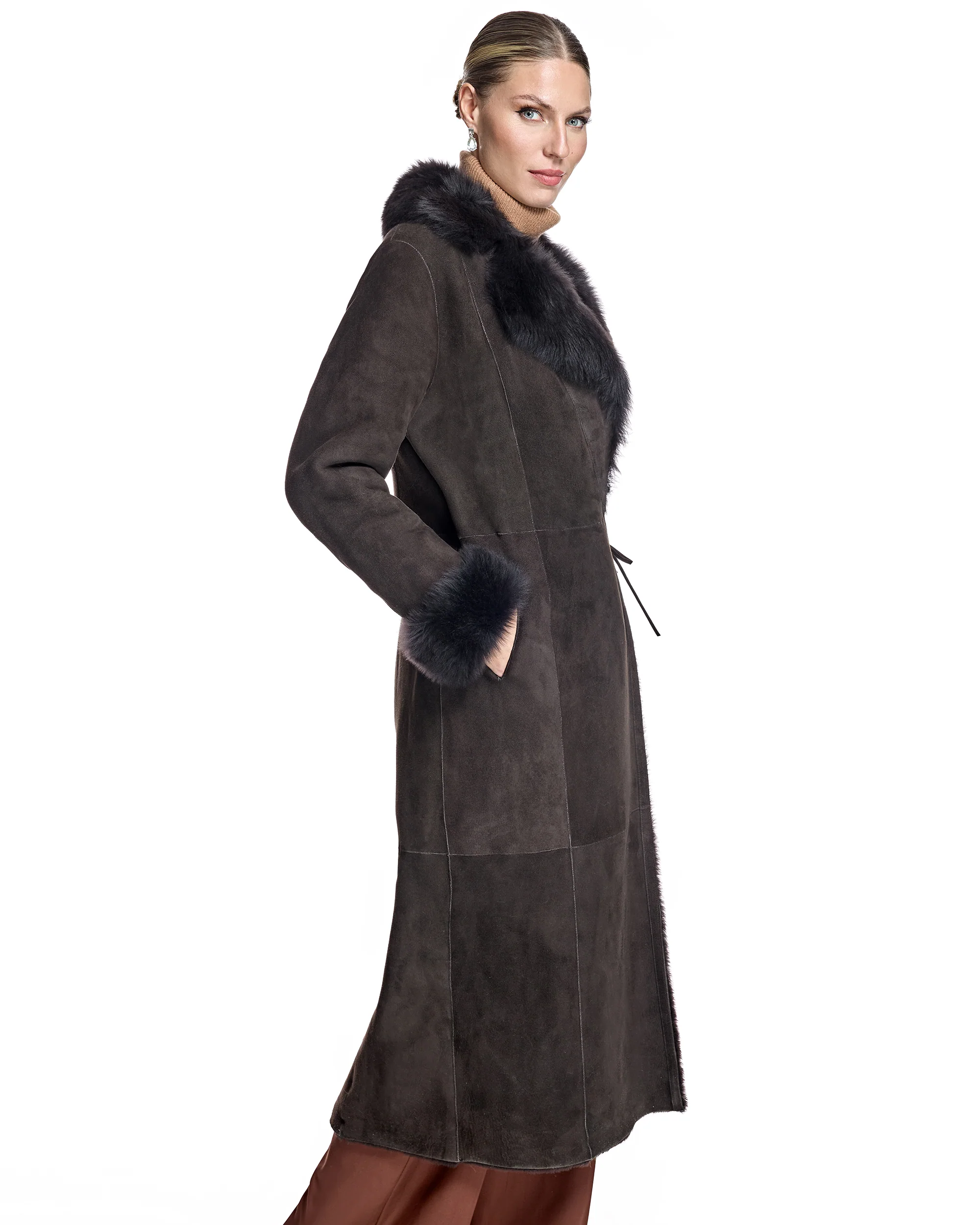 50" Brown Dyed Shearling Lamb Coat-Maximilian - Image 2